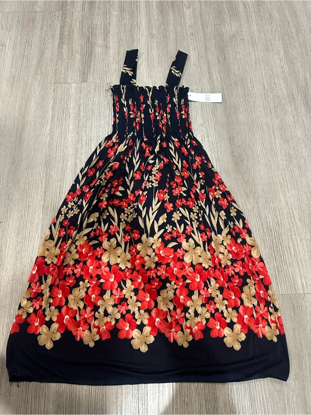 Girls Black Floral Smocked Maxi Dress with Red & Gold Flowers